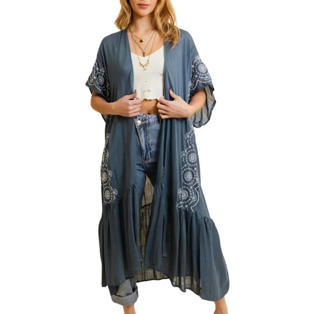Boho Tribal Embroidered Kimono 1 Sz Lightweight Blue Grey Denim Style - Picture 1 of 5